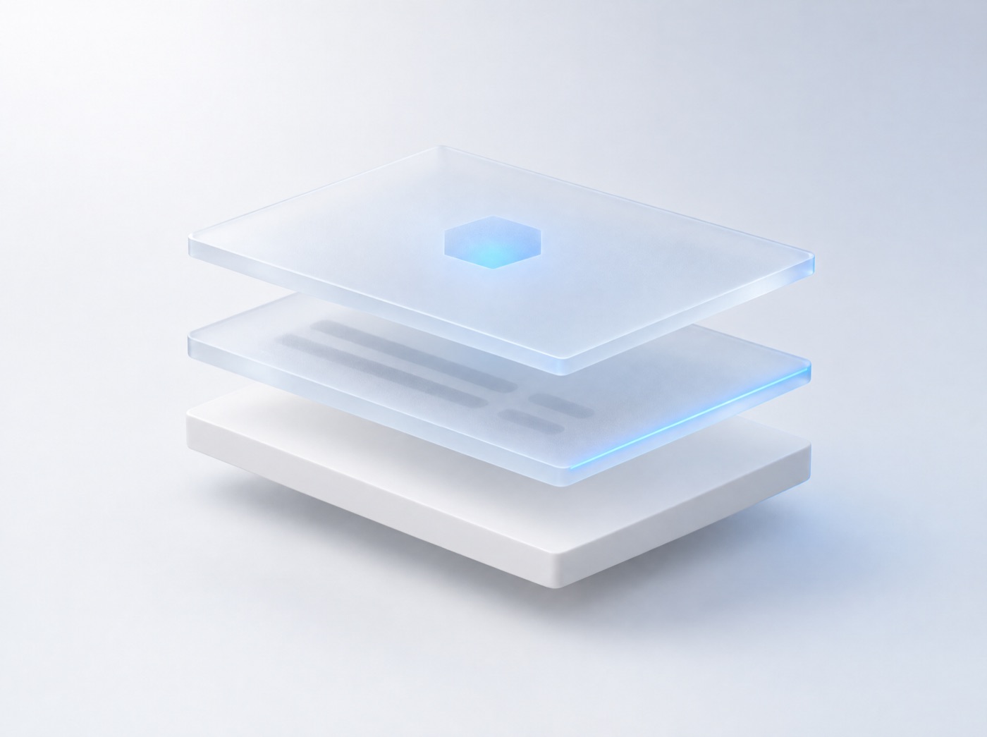 Three glass layers stacked above a white base: the platform, the AI review layer and the AI agent layer.