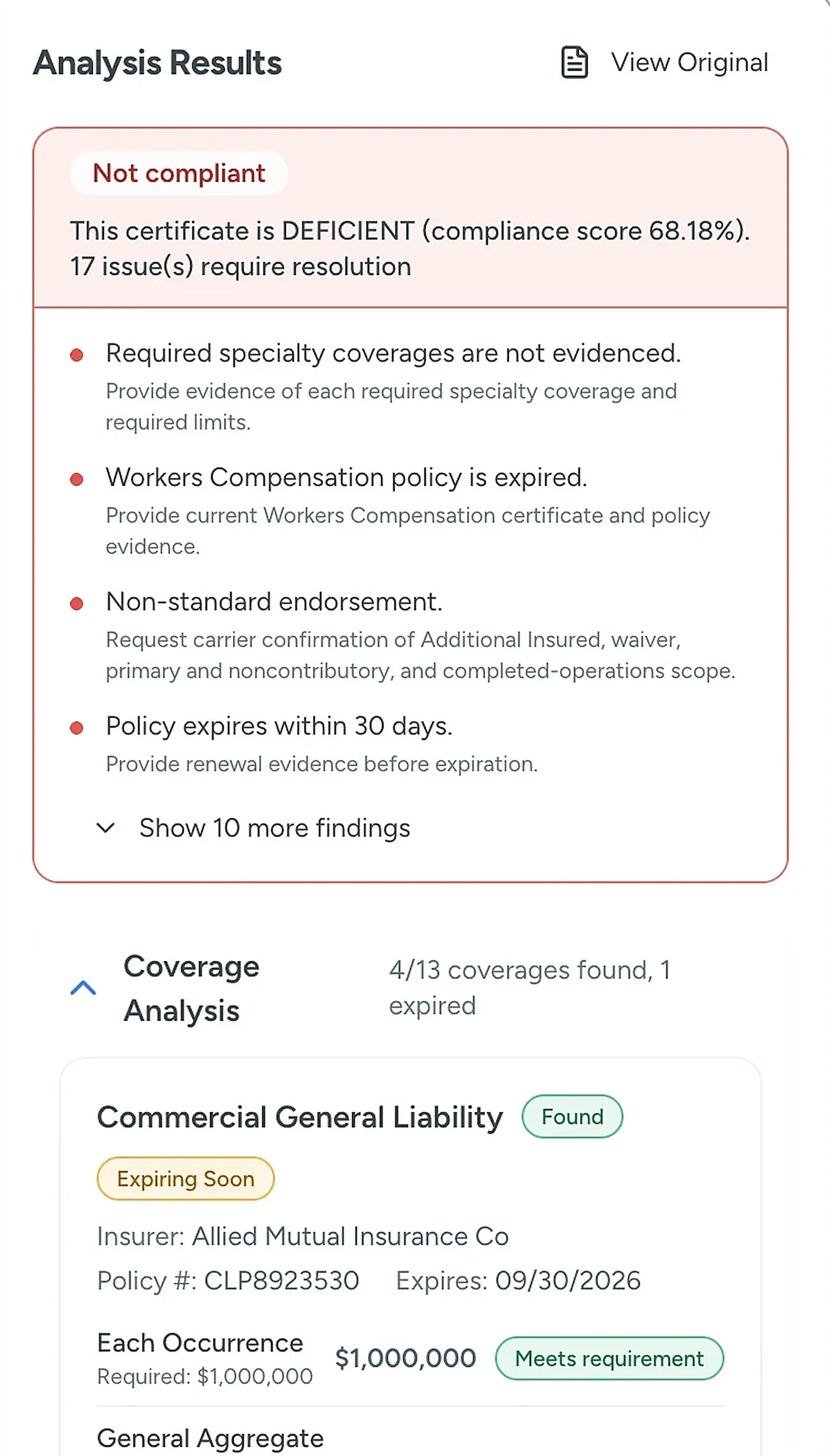 Analysis Results for a returned certificate