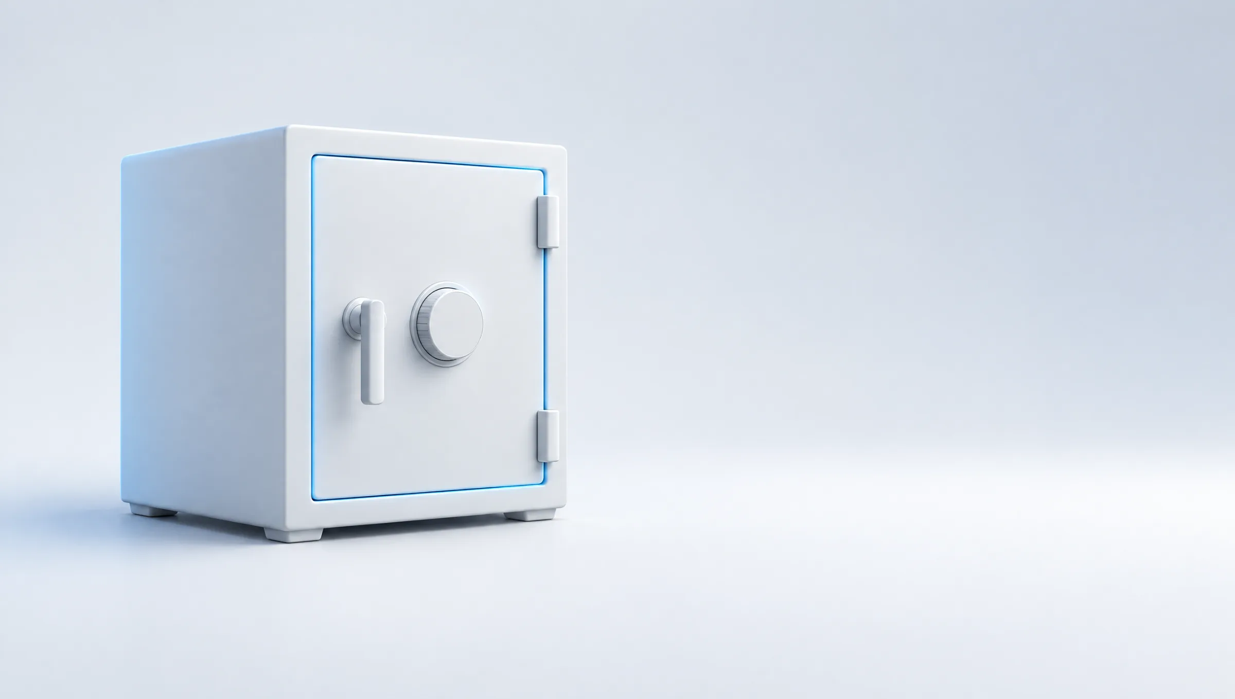 A closed matte white safe with a soft blue glow along its door seam.