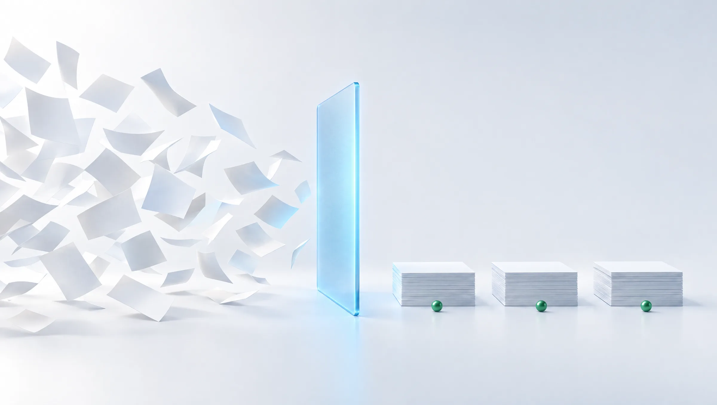 Loose sheets of paper tumble through a glowing glass panel and land as three neat stacks, each with a green dot.
